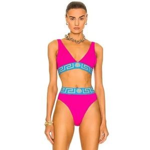 Versace women’s bathing suit bikini bright pink and blue la greca print gold